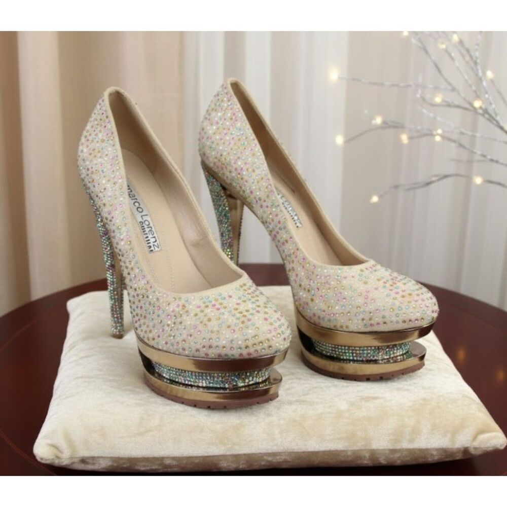 Gianmarco Lorenz Stiletto Heels Blue Rhinestone Crystal Pumps Shoes Size US 8